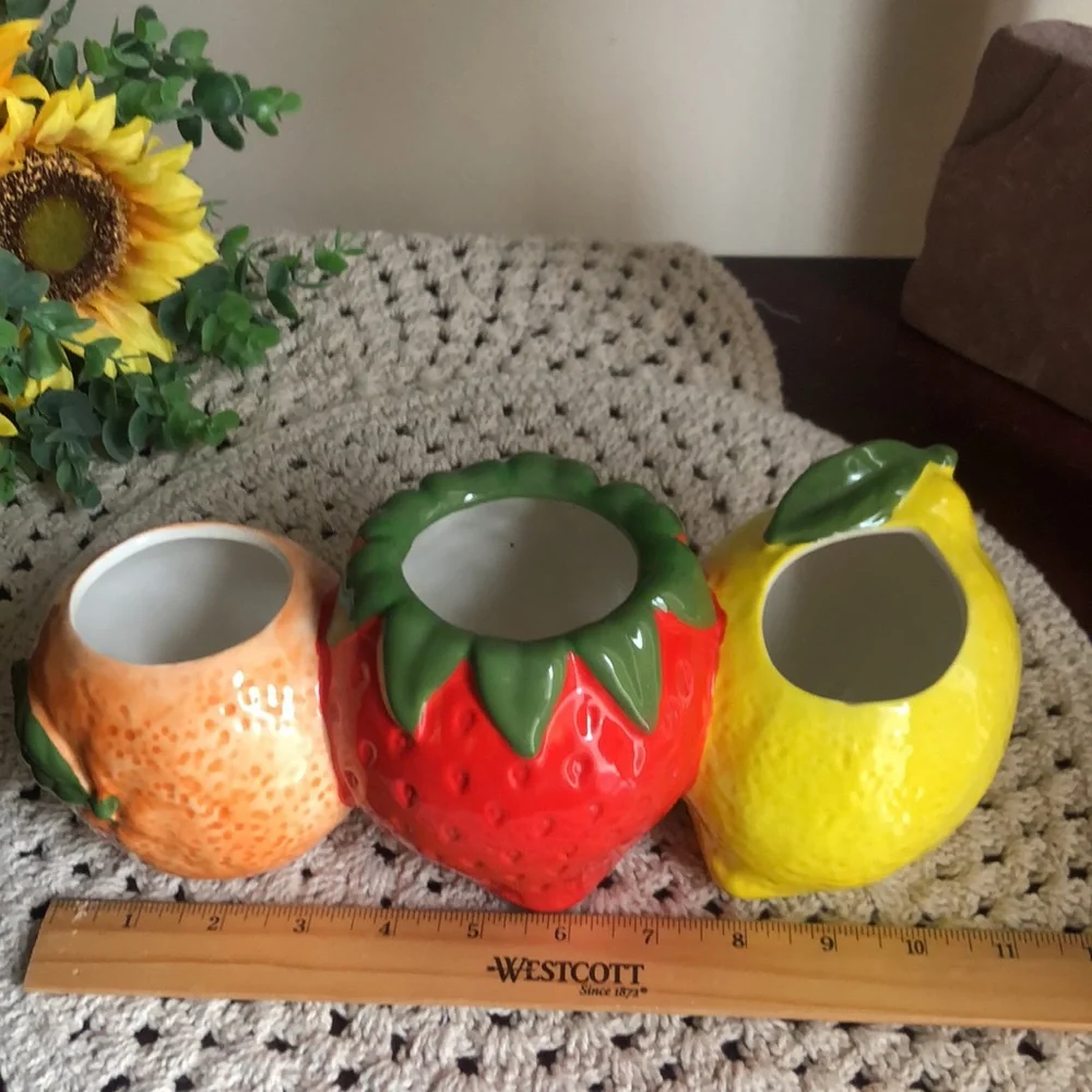 Fruit-Themed Ceramic Planter Pots Set - Orange, Red, Yellow